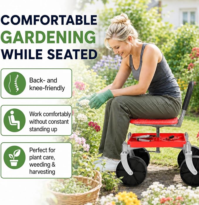 Rolling Garden Seat with Wheels, Adjustable Garden Scooter Stool with Backrest,Garden Cart with Tool Storage Tray & Backpack, Gardening Work Seat for Weeding, Planting, Yard Work (Without Backpack 2)