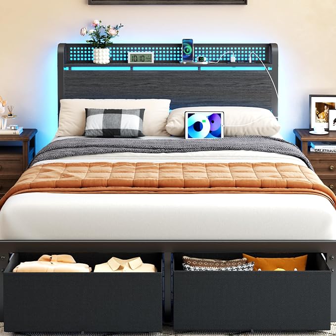 Full Size Bed Frame with Headboard, Charging Station, 2 Drawers | 2-Tier Wood Shelves,LED Lights,1200 Lbs Capacity,USB & Type-C Ports,No Box Spring Needed,Noise Free,Easy Assembly,Rustic Grey