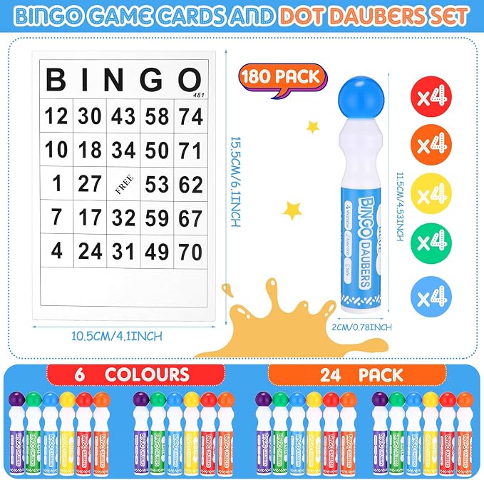 Crtiin 204 Pack Bingo Game Cards and Daubers Set Includes 180 Disposable Paper Game Sheets, 24 Mixed Colors Dot Markers Party Supplies for Card Games Activity Family Gathering Night