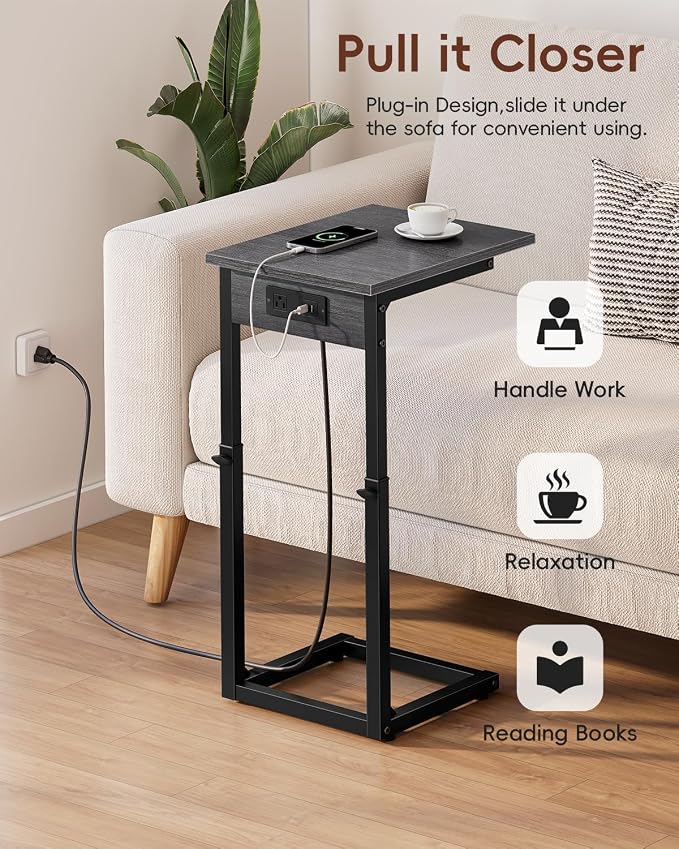 C Shaped End Table with Charging Station, 33" Tall Side Table for Couch, Adjustable Height C Table End Table, Couch Table Slide Under Sofa Table TV Tray Table for Living Room, Gray Walnut