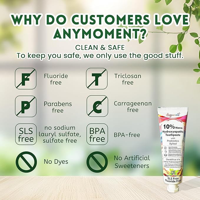 Anymoment 10% Nano Hydroxyapatite Toothpaste (Fluoride Free), Whitening*, Supports Enamel Care*, Appropriate for Sensitive Teeth*, SLS Free, Xylitol nHA Toothpaste for Adults, Mint 4oz