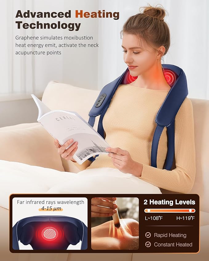 Neck and Shoulder Massager with Heat, Cordless Back and Neck Massager for Pain Relief, Upgraded Graphene Heating, 4D Shiatsu Deep Kneading for Shoulder, Back & Leg, Portable Gift for Dad, Mom & Friend