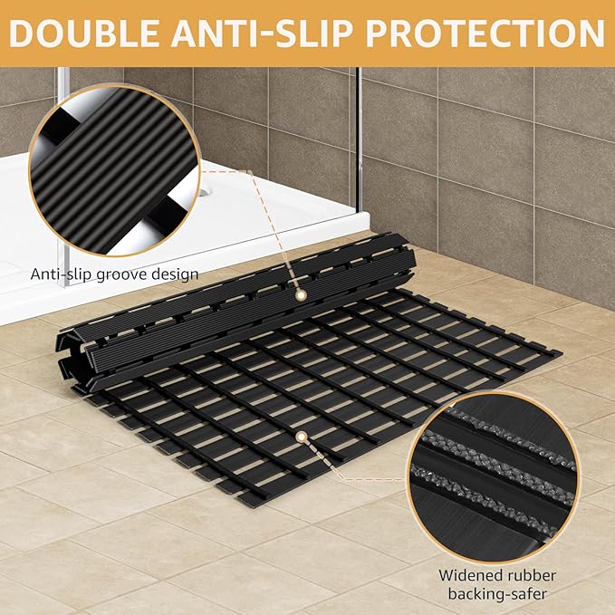 Yolife PVC Large Shower Mat, 35.4 × 24 Inch Non Suction Cup Non Slip Shower Floor Mat, Easy to Cut & Curlable Stand Up Shower Stall Mat, Heavy Duty Bath Shower Mats for Inside Shower
