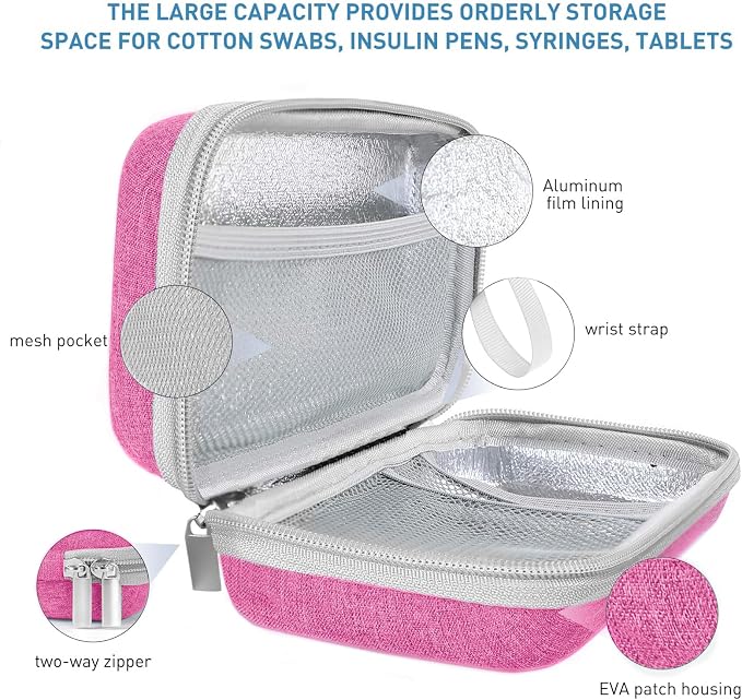 suzamed Insulin Cooler Travel Case,EVA Insulation Travel Medicine Kit with 2 Ice Packs for Diabetes Care,Insulin Pen and Other Diabetic Supplies (Pink)