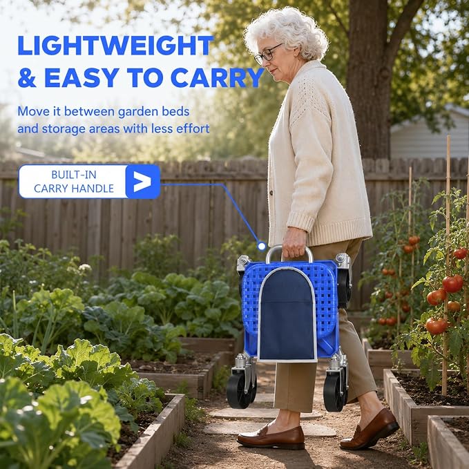 Rolling Garden Seat with Wheels, Adjustable Garden Scooter Stool with Backrest,Garden Cart with Tool Storage Tray & Backpack, Gardening Work Seat for Weeding, Planting, Yard Work (with Wrench)