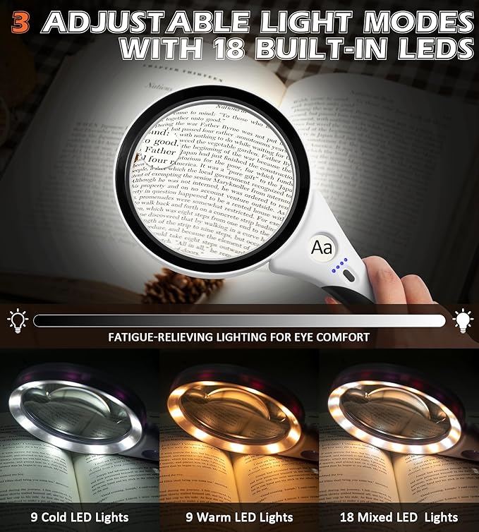 Rechargeable Magnifying Glass with Light - Recant Illuminated Magnifier Handheld Lighted Magnifying Glasses with 18LED Cold & Warm Light 3 Modes for Seniors Reading Close Work