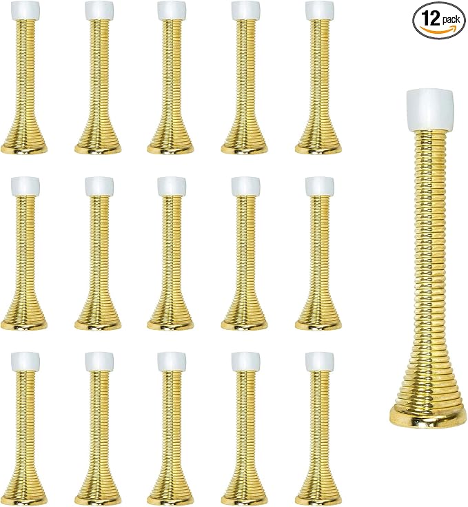 KISEER 16 Pack Spring Door Stops 3 1/4 Inch Flexible Heavy Duty Spring Door Stopper with RustProof Screw Rubber Bumper Tips (Gold)
