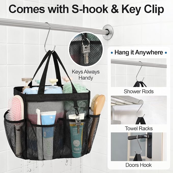 Mesh Shower Caddy Portable - 2 Packs, S-Hook, Shower Bag for Dorm Camping | 8 Pockets, 2-Handle, Quick-Dry, Hanging College Dorm Room Essentials for Girls, Gym, Travel & Bathroom, Black & Leopard
