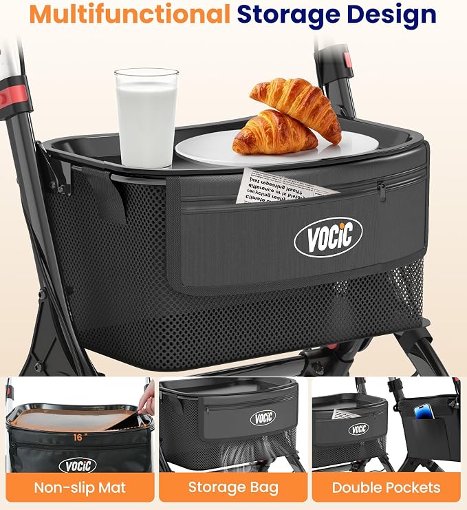 VOCIC Z32 Narrow Walkers for Small Spaces, 8" Quiet Anti-Slip Tires, Tray | Foldable & Lightweight Indoor Rollator Navigates Small Spaces, Easily Passes Tight Doors, Tray&Pouch for Home, Black