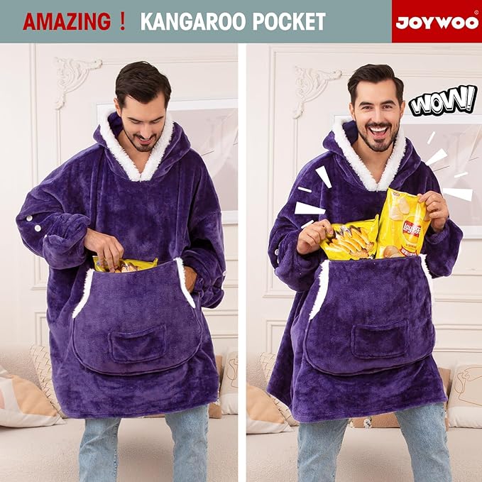 JOYWOO Purple Foldable Wearable Blanket Hoodie with Gloves,Oversized Cat Lovers Sweatshirt Blanket for Adult, Birthday Gifts for Women,Mom,Grandma,Cozy Sherpa Blanket with Giant Pocket Winter Gifts