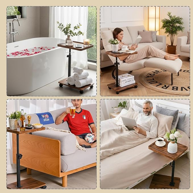 C Table End Table Adjustable Height,C Shaped End for Couch，Snack Tables,360°Swivel TV Tray Sofa Table,Tables that Slide Under,Coffee SideTable for Bed,Chair,Bath-tub,Outdoor(Walnut Color)