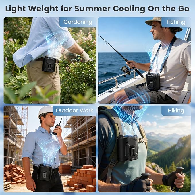 XAP Rechargeable Portable Fan, Infinitely Speed 12000RPM Strong Airflow, Personal Waist Fan Hands-Free Hanging Neck Fan, Wearable Belt Fan for Outdoor, Camping, Hiking, Jobsite