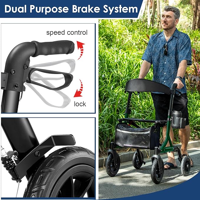 Walkers for Seniors, Rollator Walker with Seat, 10" Rubber Wheels All Terrain Rollator Walker with Backrest, Aluminum Walkers Built-in Cable, Foldable and Adjustable Height for Seniors, Green