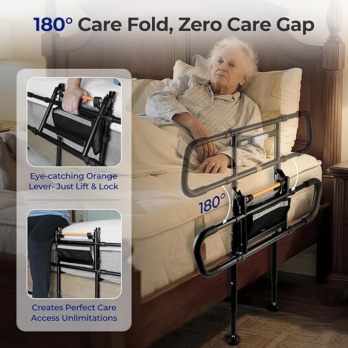 C5 Pro Bed Rails for Elderly Adults Safety - Foldable Bed Assist Rail with Adjustable Height, Bed Cane with Non-Slip Wider Handrail, Motion Sensor Light Fits King Queen Twin Beds