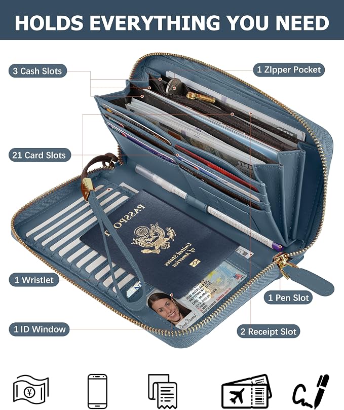 Large Travel Wallet for Women | RFID Blocking Zipper Wallet,Passport Holder Clutch with Wristlet