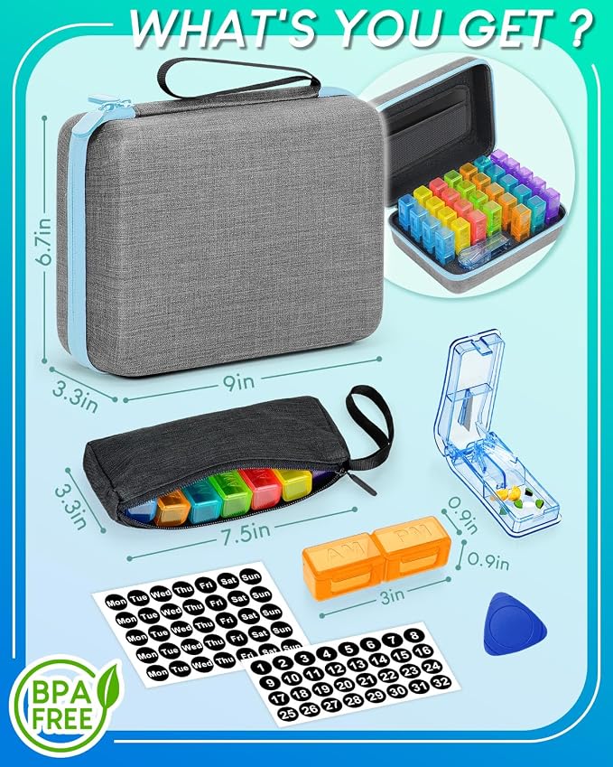 Monthly Pill Organizer 2 Times a Day with Weekly Pill Bags, Portable Hard Shell Case, Pill Cutter & Opener Pick, Monthly and Weekly Stickers for Medication Management (Blue, 2 Times a Day)