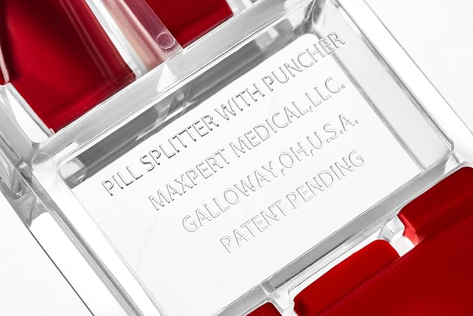 MAXSPLIT Pill Splitter and Cutter with Pill Puncher - Cuts Small and Large Pills, Vitamins, or Tablets with Stainless Steel Blade - Non-Slip Press Point Pill Splitter (Red)
