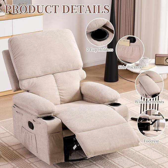 Recliner Chair for Adults, Nursery Glider Recliner with Massage and Heat, 360° Swivel Rocker Recliner, Manual Reclining Chair with Cup Holder, Side Pocket, Ergonomic for Moms and Elderly, Beige