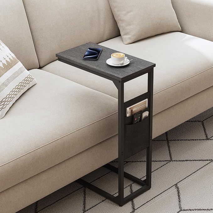 TUTOTAK C Shaped End Table, Side Table for Couch, Sofa Table | with Storage Bag, Set of 2, TV Tray for Living Room, Bedroom, Black TB01BK0822