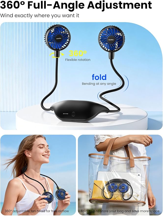 HandFan 10000mAh Neck Fan, 360° Rotation Hands Free Portable Fans for your Neck, 48h Lasting Rechargeable Battery Operated Wearable Necklace Personal Cool Fans for Travel/Disney/Sports/Cycling/Hiking