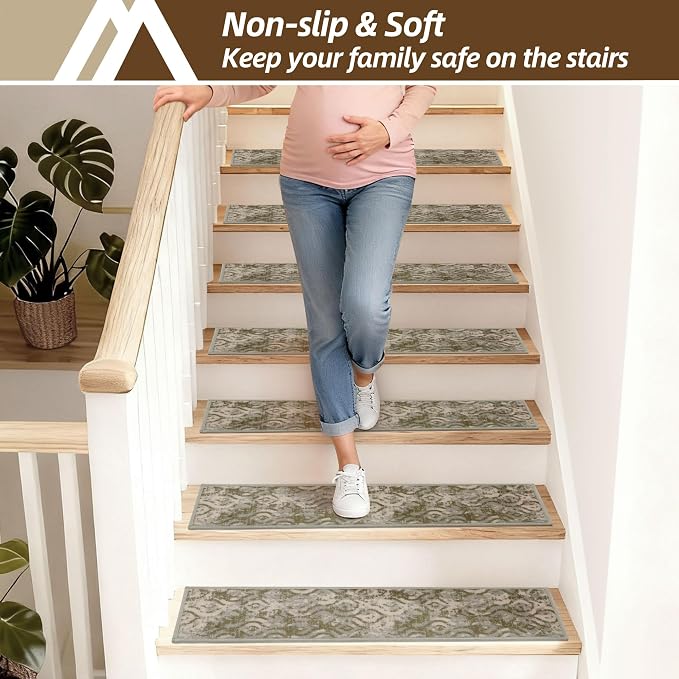 COSY HOMEER Stair Treads for Wooden Steps Indoor with TPE Backing,15Pcs | Non-Slip Carpet Stair Treads, Soft Peel and Stick Stair Runners,Pet-Friendly Stair Runner Washable Reusable,Willow