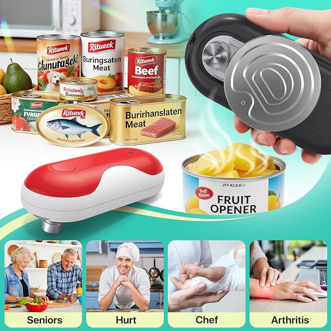 Electric Can Opener, Auto-Stop, USB-C Rechargeable, Side-Cut Smooth Edge, Hands Free Automatic Can Opener for Seniors & Arthritis Patients (Red)