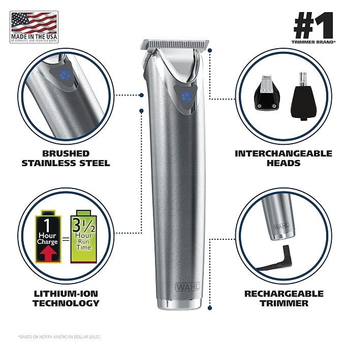 Wahl USA Stainless Steel Lithium-Ion Cordless Beard Trimmer for Men | Rechargeable All In One Men’S Beard Trimmer With Rotary Ear & Nose Trimmer, & Detail Trimmer – Model 9818A