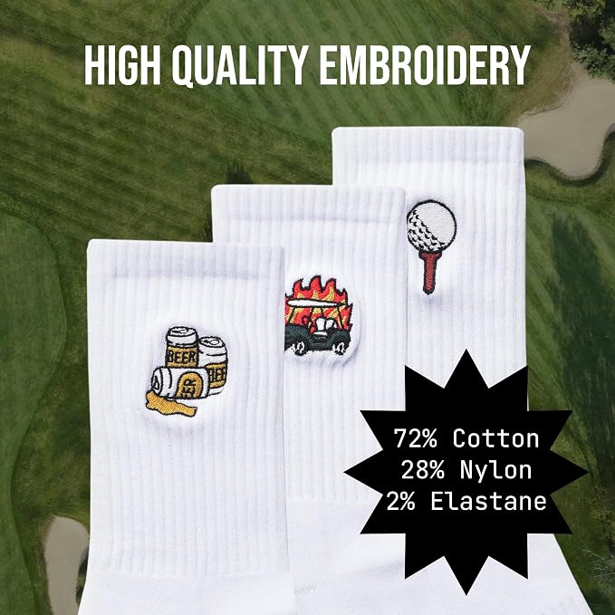 Shanker Golf Socks - Golf Trip Essentials White Socks – 3 Pack, Size 8-13 - Funny White Socks for Men – Perfect Golf Accessories – Funny Golf Gift - Dad, Husband, Boyfriend, Fathers Day