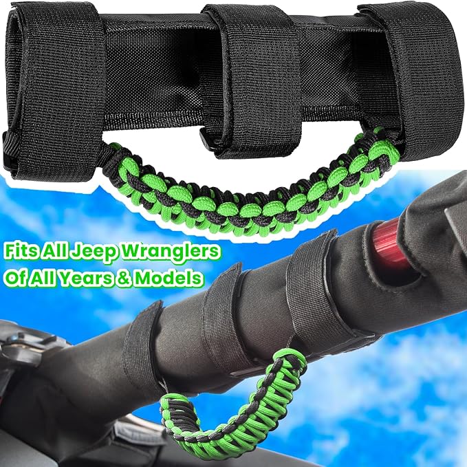 Roll Bar Grab Handles Grip Handle for Jeep Wrangler JK JKU JL JLU TJ YJ Sports Sahara Freedom Rubicon Unlimited Gladiator JT 1955-2023 UTV ATV Accessories Premium 550 Paracord (Green 2 Pack)