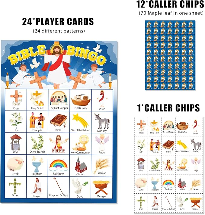 24 Players Bible Bingo Game, Bingo Game for Adults, Jesus Christian Sunday Church Activity, Religious Party Xmas Party Decorations Supplies, Vacation Bible School Bingo Cards