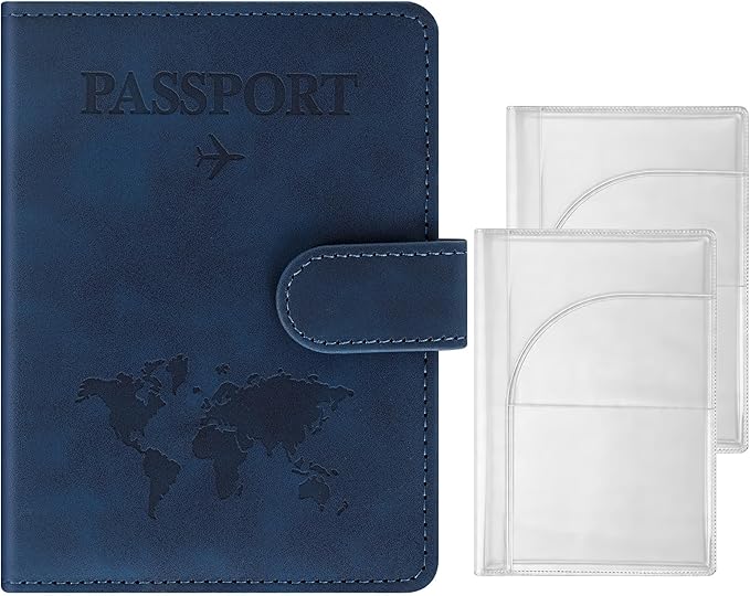 3-Pack Passport Holder + 2 PVC Covers, RFID, PU Leather(Dark Blue) | Waterproof,scratchproof, dustproof. Lightweight, slim. Keeps cards & travel docs organized for men & women