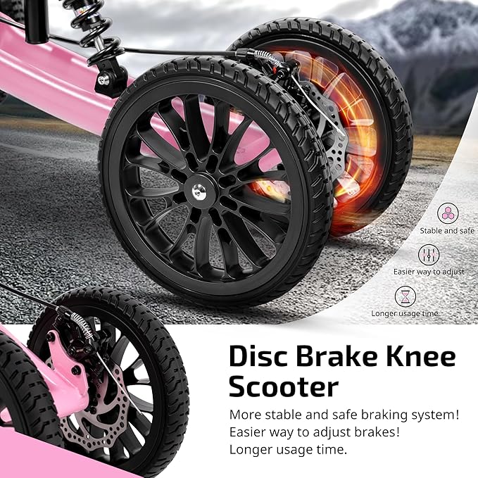 All Terrain Knee Scooter with Disc Brakes, Steerable Knee Walker for Adults for Foot Surgery, Broken Ankle- Foldable Rover Scooter for Broken Foot Injured Leg Crutch (Pink)