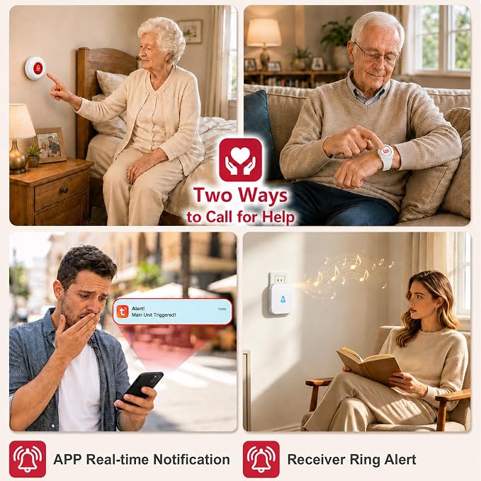 SanJie WiFi Caregiver Pager with Remote App Alerts & Family Sharing, IP55 Water-Resistant Call Button for Elderly at Home, Recovery Care & Night Care, 110dB Loud Alarm & 20 Chimes (Only 2.4GHz Wi-Fi)