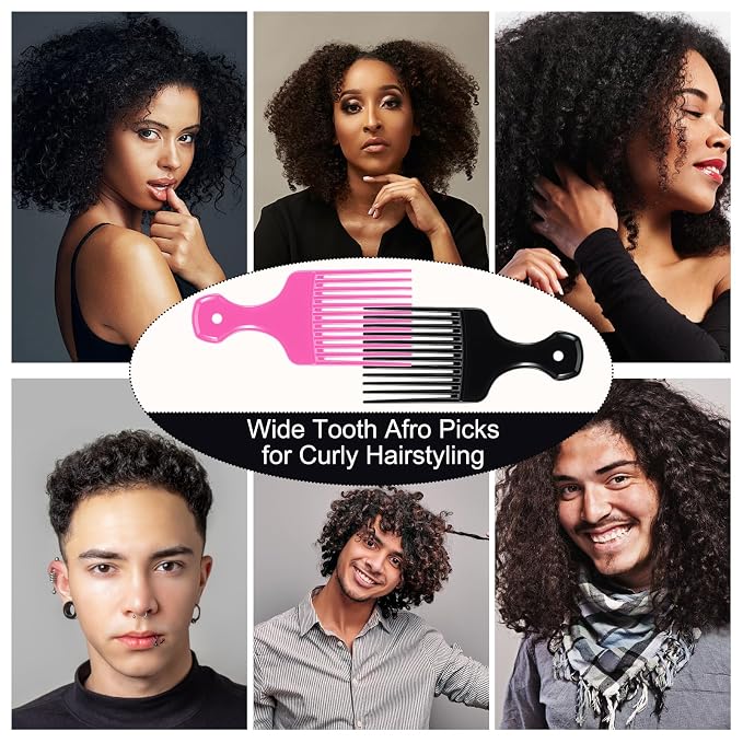 SIMPOR 2 Pcs Hair Pick Comb Wide Tooth Lift for Hair Styling Detangling, Plastic Afro Pick for Women Men, Fist Picks for Curly and Afro Hair