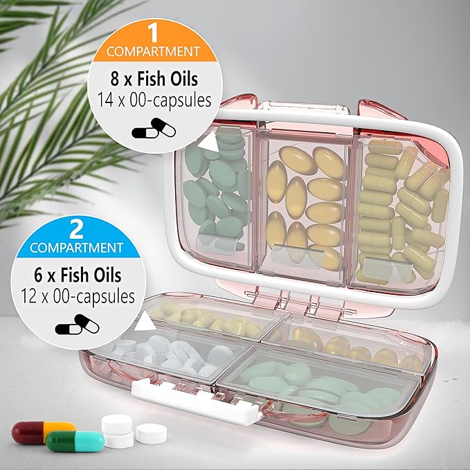 Travel Pill Organizer - Moisture Proof Portable Vitamin Holder with 7 Compartments, Compact Supplement Case for Purse Essential Medicine Kit fot Traveling Pocket Pharmacy with Labels, Pink