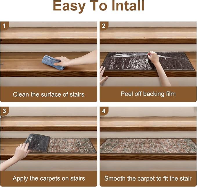 sarben 30"x30" Non Slip Stair Treads for Wooden Steps 1 Pack, Rust Brown | Peel and Stick Carpet Stair Runner with TPE Adhesive Backing, Carpet for Added Safety, Pet and Senior Friendly