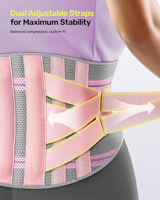 Rakiie Back Brace for Lower Back Pain Women with 9X Support System, Ergonomic Lumbar Support for Pain Relief, Breathable Mesh Design with 3D Silicone Pad for Sciatica, Pink Size XL (Waist: 39.4" – 47.6")