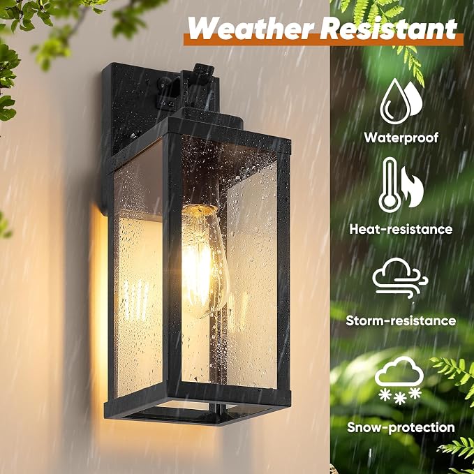 2-Pack 14” Upgraded Motion Sensor Outdoor Wall Lights, Black | Auto ON/OFF, 3 Lighting Modes, Waterproof, Rust-Resistant, Durable Metal & Clear Glass, Standard E26 Sockets, Easy to Install
