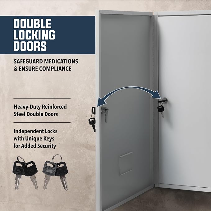 Durabox 2-Door Narcotics Cabinet - Double Door & Dual Key Lock Steel Cabinet for Safe Storage of Medicine, Prescription Drugs, Medical Supplies and More, 16"W x 24"H x 7-3/4"D (Grey, Large)