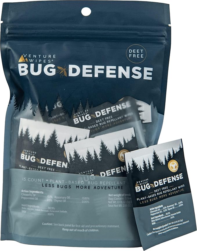 Venture Wipes Natural Mosquito Repellent Wipes - Travel Size Bug & Insect Repellent Wipes w/Citronella, Peppermint & Rosemary - DEET-Free Mosquito Repellant for Travel, Outdoor & Patio- 15 Count Bag