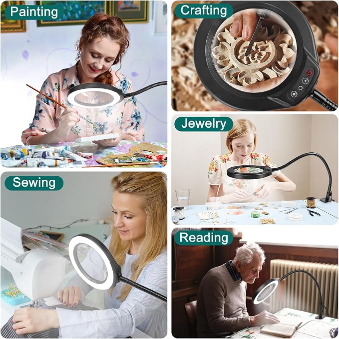 IVMAIE 15X Magnifying Glass with Light and Clamp, 5 Inch Real Glass Magnifying Desk Lamp with Stand, Long Gooseneck, 5 Color Modes Lighted Magnifier Hands Free for Crafts Painting Jewelry Close Work