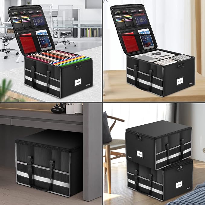 ENGPOW Fireproof File Box with Lock, Document Storage Organizer Box with Inserts and Mesh Pockets