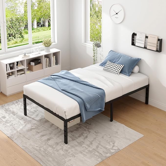 NEW JETO Metal Bed Frame,Twin Size Bed Frame with Storage Space,18 Inch | Heavy Duty Sturdy Mattress Foundation,Easy Assembly,No Box Spring Needed, Black