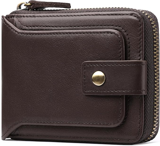 GOIACII Zipper Wallet for Men Genuine Leather RFID Blocking Mens Wallet with Zipper Coin Pocket ID Window Zipper Wallets Large Capacity