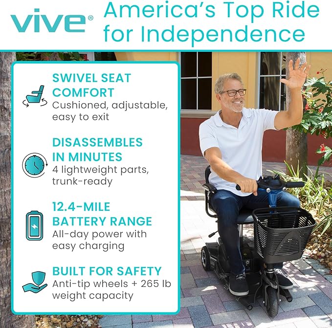 Vive 3 Wheel Mobility Scooter - Electric Powered Mobile Wheelchair Device for Adults - Folding, Collapsible and Compact for Travel - Long Range Power Extended Battery with Charger and Basket Included