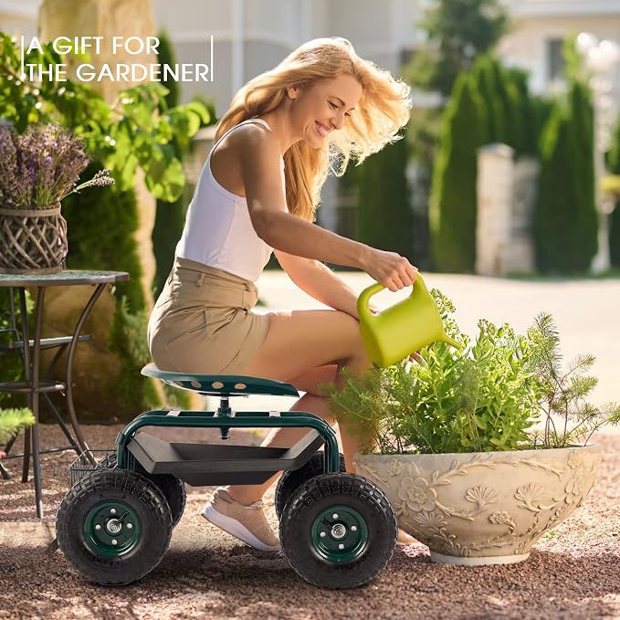 Garden Cart with Workseat Outdoor Gardening Carts with Seat, Heavy Duty Rolling Garden Stools Scooter with Handle and Storage for Seniors, Green