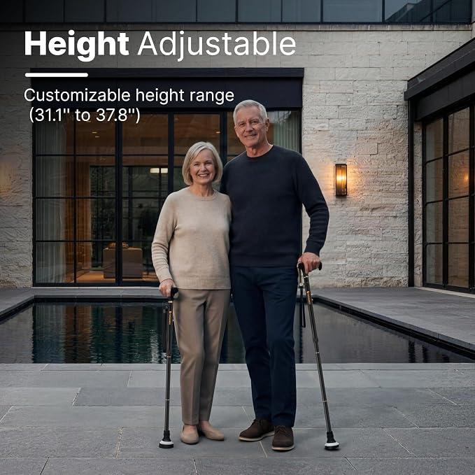 GlowGuard Walking Cane for Men & Women - Extra-Wide 2.68" Glow Cane Tip with Photoluminescent Ring, Height Adjustable (31.1" to 37.8"), 350 lbs Capacity