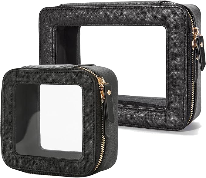 Aveniee Clear Makeup Bag Set (2-Piece Mini & Midi) - Travel Toiletry Organizer for Women, Waterproof Cosmetic Pouch & Car Accessory for Travel Size Toiletries, Black