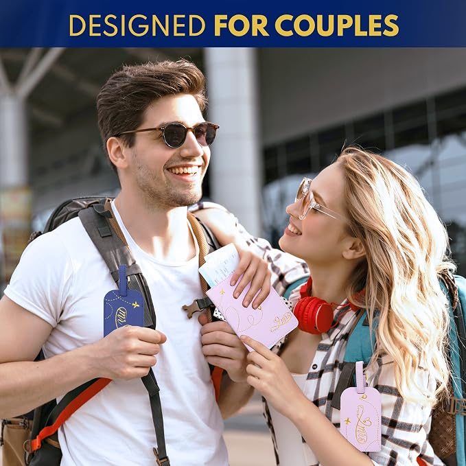 Decorably Matching Leather Mr and Mrs Passport Holder Set - Blue & Pink with Luggage Tags, for Wedding Gift, Bridal Shower, Engagement, Anniversary, Gift for Couples