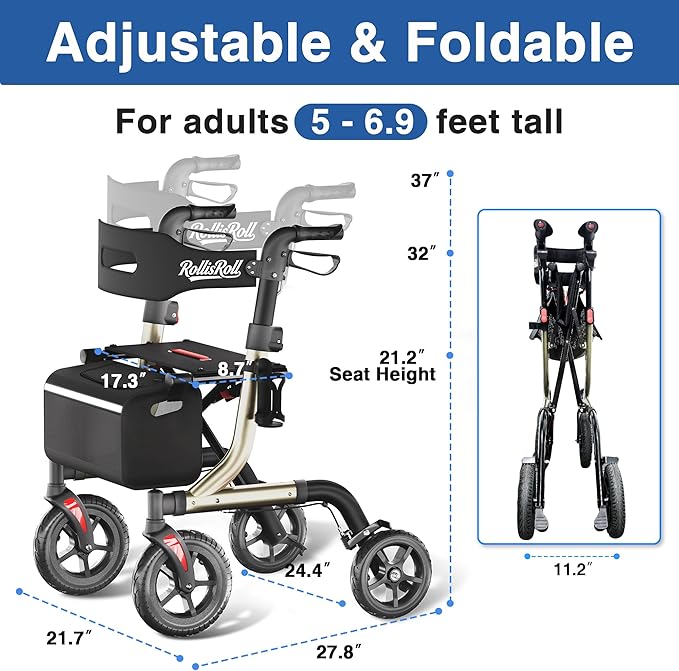 Walkers for Seniors with Seat, Foldable Rollator Walker, Reinforced Aluminum Frame, 10" Big Rubber Wheels for All Terrain, Built-in Cable, Lightweight Rolling Walker, Golden